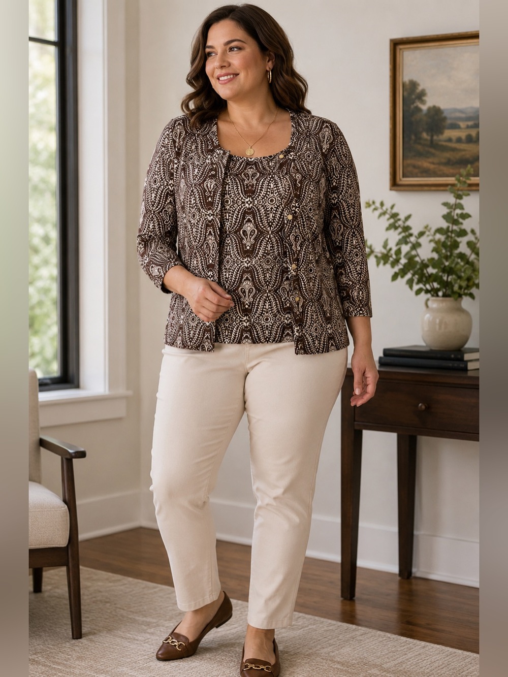 Talbots Brown Paisley 2 Piece Cardigan Tank Twinset Plus Size 0X 1X Preppy